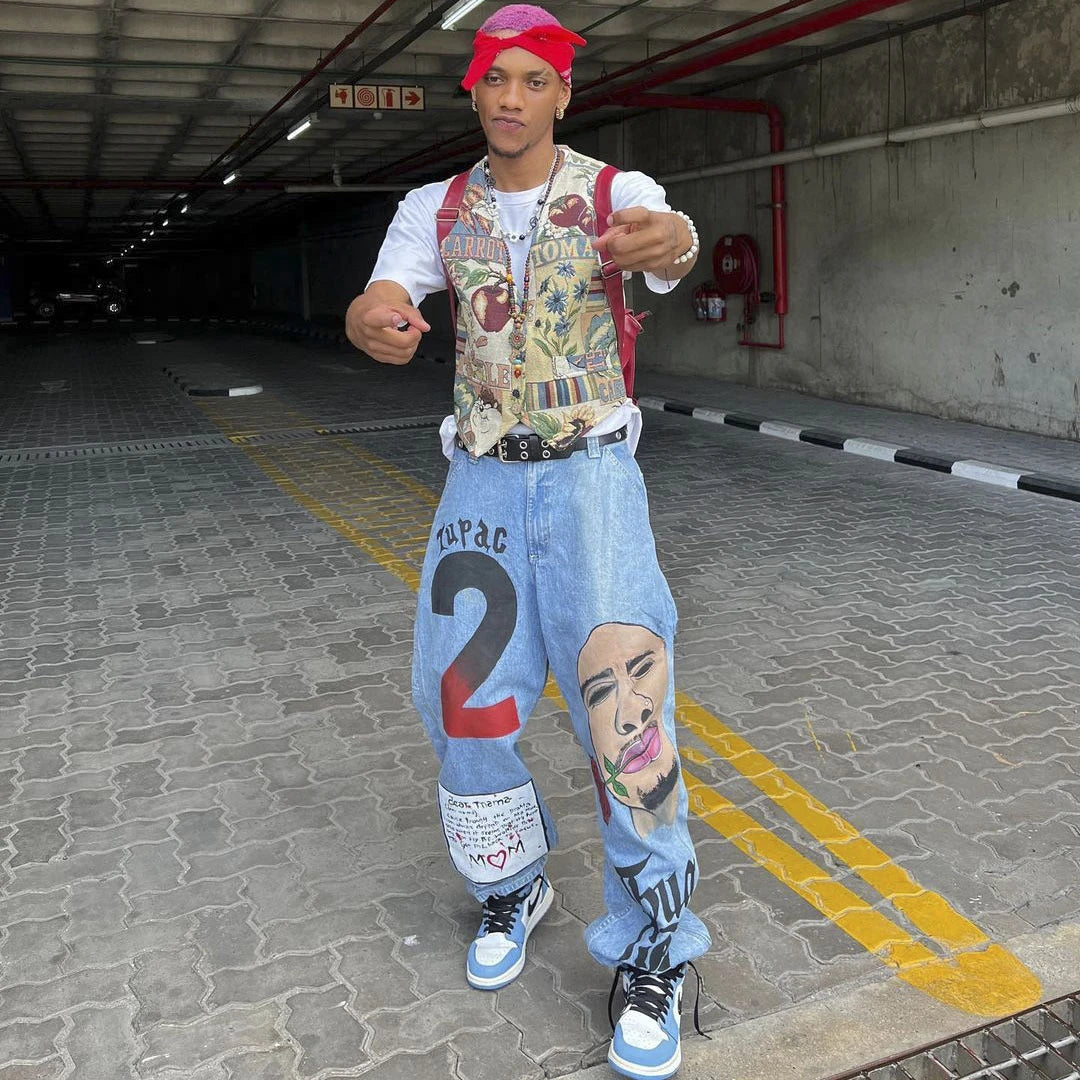 european and american street trend loose straight jeans summer female portrait print hip hop trousers female wide leg pants ripped baggy denim