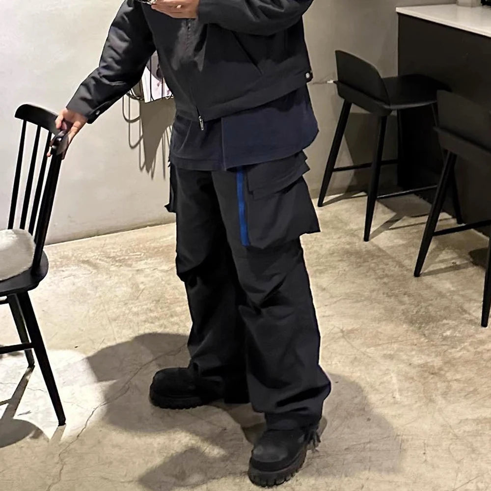 y2k blue zipper multi pocekts baggy cargo pants for men straight pantalones hombre casual trousers oversized hip hop overalls unique cargo style 2337