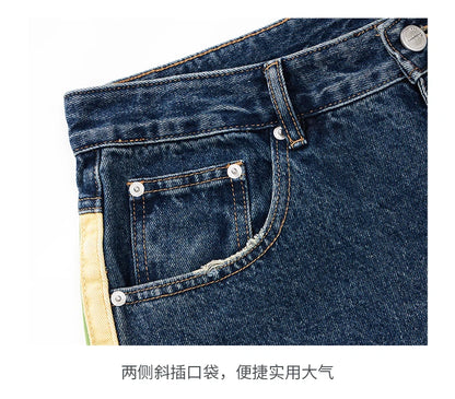 men streetwear fashion side splice hip hop loose casual wide leg straight baggy jeans pant cityboy jeans pants trousers unique jeans style 2479
