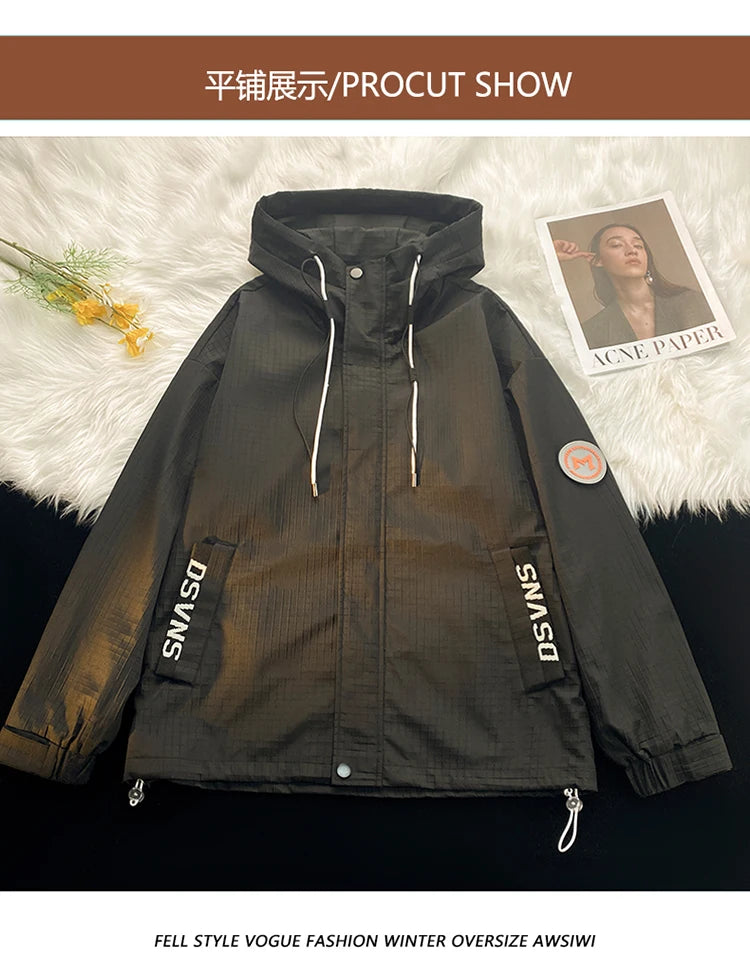 korean style punch jacket men autumn new epaulet design hooded jackets waterproof windproof loose unisex coats unique default style 5078