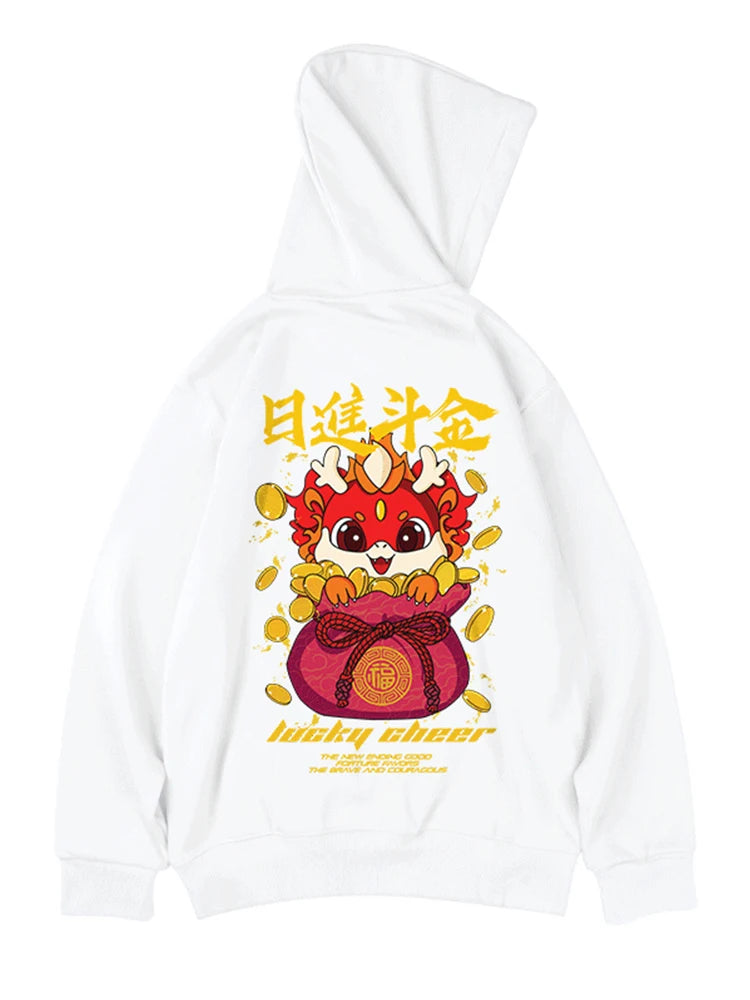 Lucky Cheer Dragon Printed Hoody Man Y2K Streetwear Clothes Fleece Hip Hop Loose Fashion Pullover Sweatshirts Graphic Hoody Street King Limited