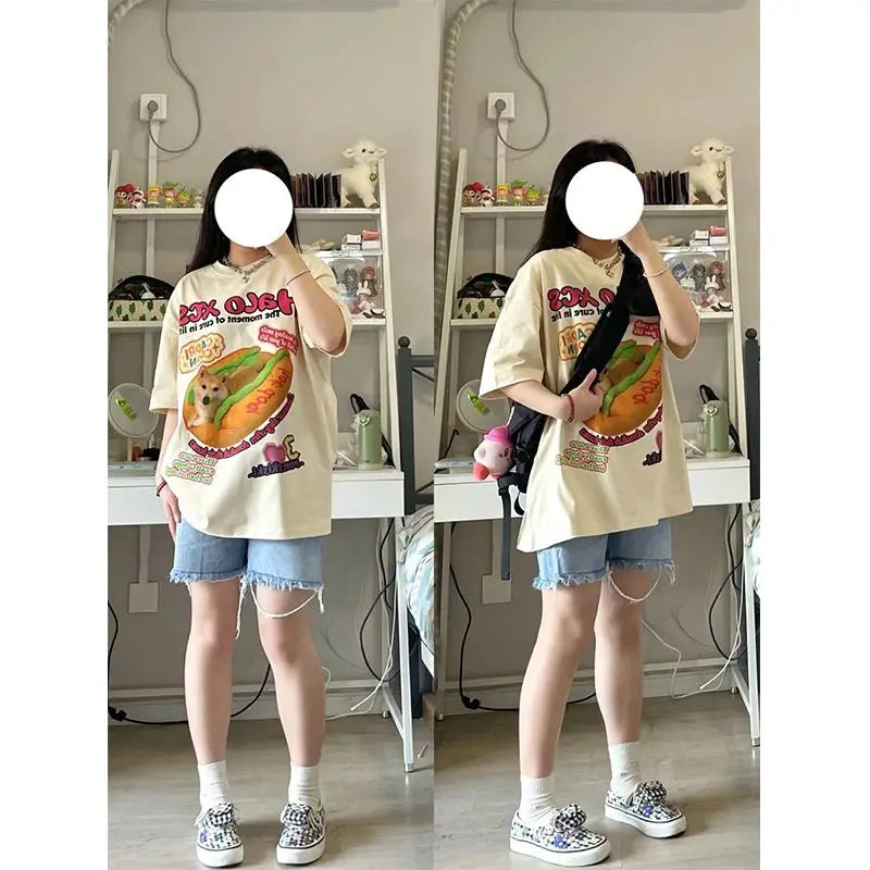New Apricot American Vintage Creative Animal Hot Dog Cartoon T Shirts Hip Hop Street Oversized Y2K Tops Cotton Loose Summer Tee Street King Limited