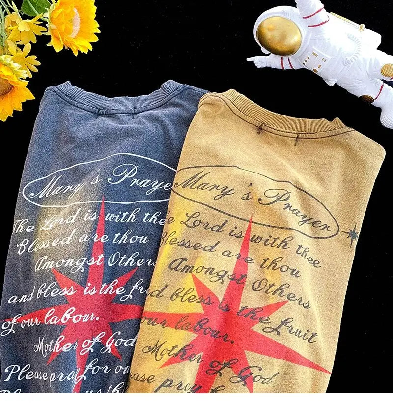 Cross short-sleeved T-shirt men's trendy brand ins American retro half-sleeved summer loose high street washed and distressed Street King Limited