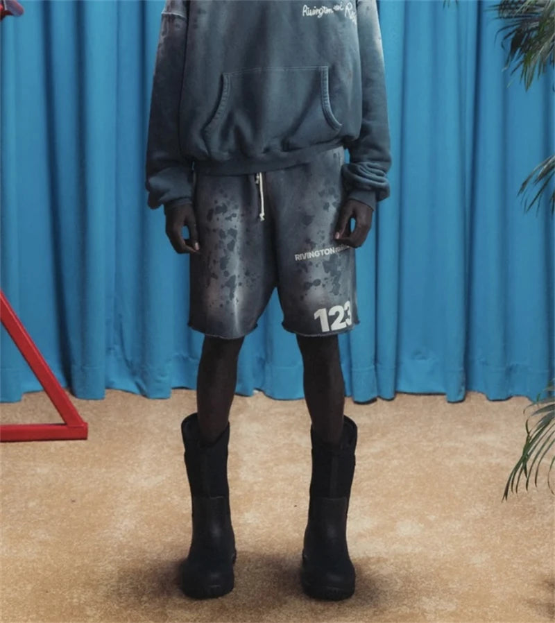 RRR123 2024 New Sports Shorts Heavyweight Washed Graffiti Print Vintage Drawstring Capris Casual High Street Loose Curled Y2K Street King Limited