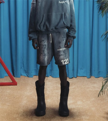RRR123 2024 New Sports Shorts Heavyweight Washed Graffiti Print Vintage Drawstring Capris Casual High Street Loose Curled Y2K Street King Limited