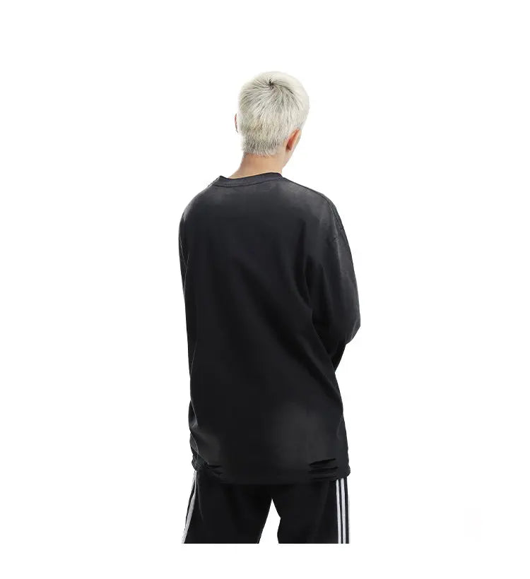 Men's Streetwear Hole Washed Cotton Long Sleeve Loose Casual T Shirt Tiki Y2k Clothes Oversized T-shirt for Men Tops Tshirt Street King Limited