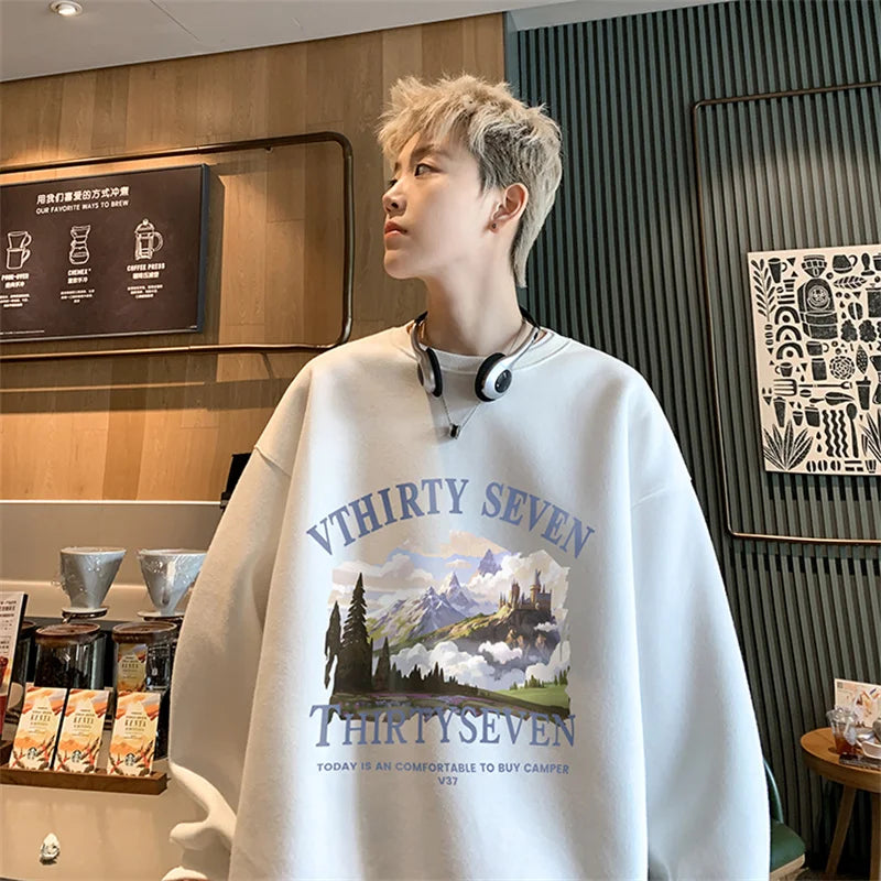 Autumn Oil Painting Landscape Print Cotton Sweatshirt Men Loose Casual Crewneck Pullover Hoodies Korean Fashion Y2K Clothing Street King Limited