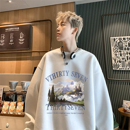 Autumn Oil Painting Landscape Print Cotton Sweatshirt Men Loose Casual Crewneck Pullover Hoodies Korean Fashion Y2K Clothing Street King Limited