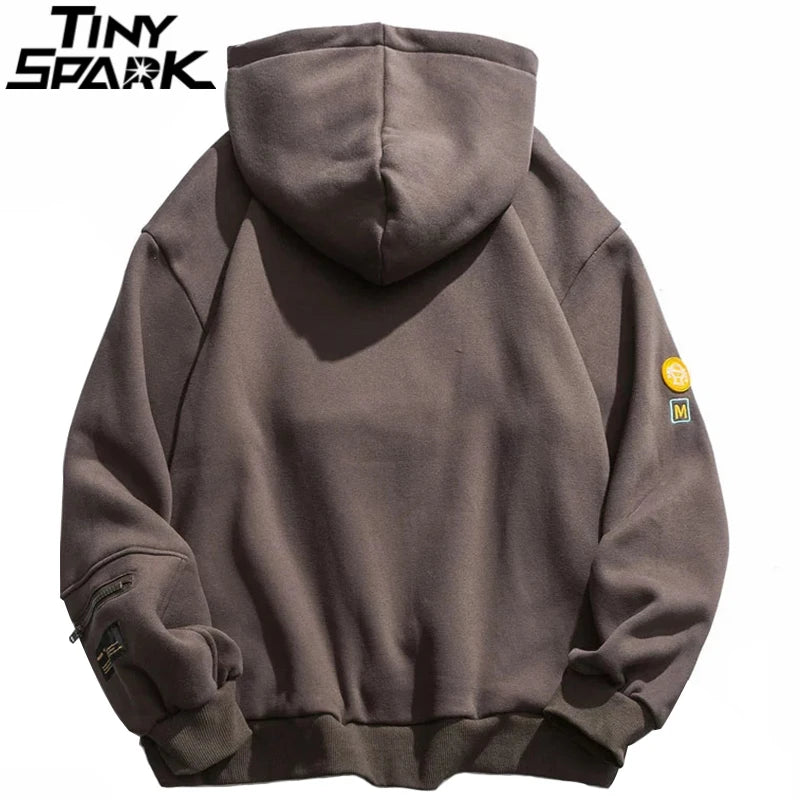 Men Hip Hop Hoodie Streetwear Sweatshirt Zipper Pocket Patches Hoodie 2023 Harajuku Cotton Fleece Hooded Pullover Grey White Street King Limited
