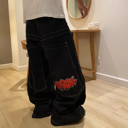 harajuku black wexwear graphic embroidered baggy jeans streetwear y2k jeans men women high waist wide trouser skateboard pants ripped baggy denim