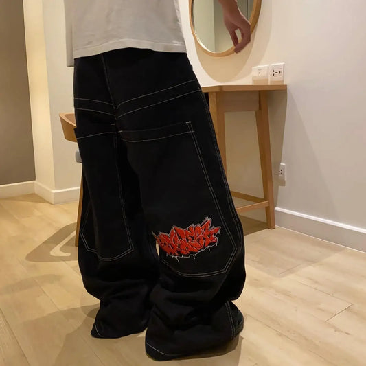 harajuku black wexwear graphic embroidered baggy jeans streetwear y2k jeans men women high waist wide trouser skateboard pants ripped baggy denim