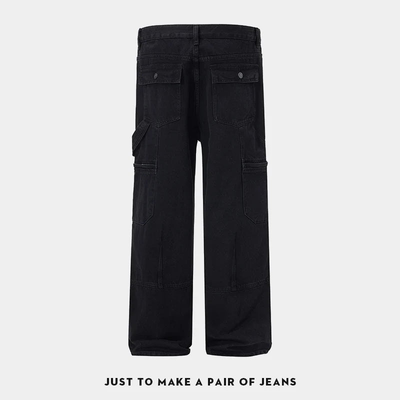 men american streetwear fashion loose casual hip hop wide leg black denim baggy jeans pants man y2k cargo jeans trousers unique cargo style 2206
