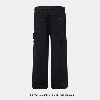 men american streetwear fashion loose casual hip hop wide leg black denim baggy jeans pants man y2k cargo jeans trousers unique cargo style 2206