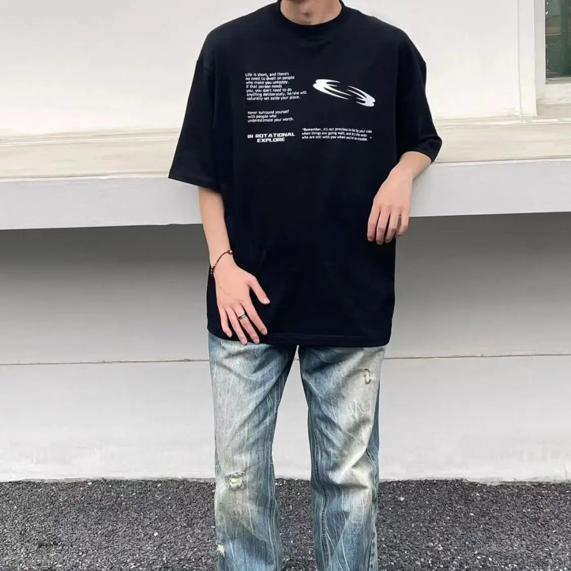 Korean personalized overlapping font printed T-shirt fashion y2k men and women loose hip hop street round neck half sleeved tops Street King Limited
