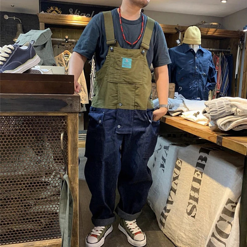 2023 summer cargo overalls pants men patchwork denim jumpsuits loose work pants solid color casual streetwear cargo trousers utility cargo pants