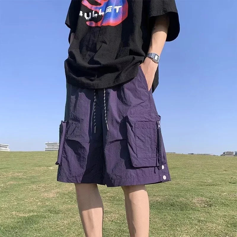 summer casual purple cargo shorts men high street drawstring pocket baggy short sweatpants y2k hip hop bermudas homme shorts sporty tapered joggers