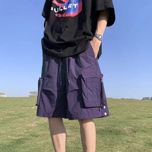 summer casual purple cargo shorts men high street drawstring pocket baggy short sweatpants y2k hip hop bermudas homme shorts sporty tapered joggers