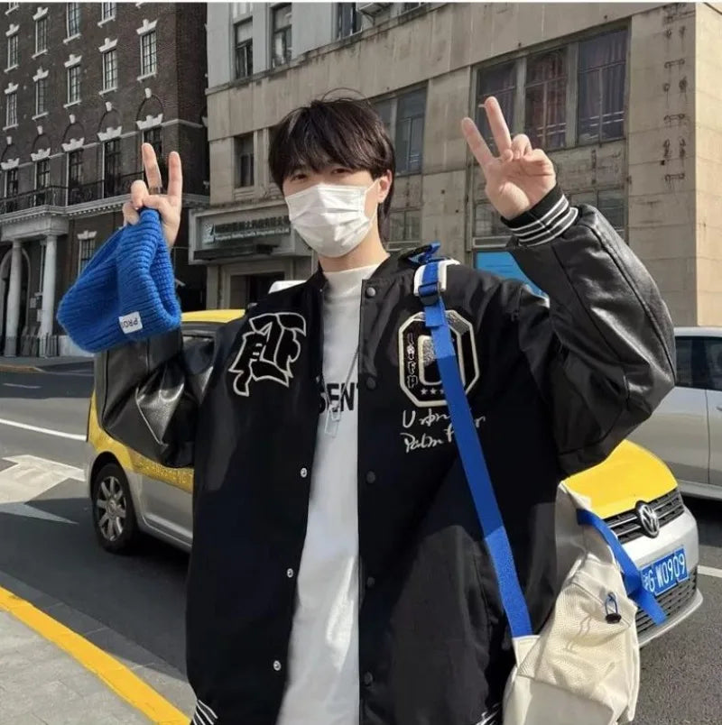 american retro mens baseball uniform street harajuku patchwork leather loose jackets color block towel embroidery trend coats unique default style 2919