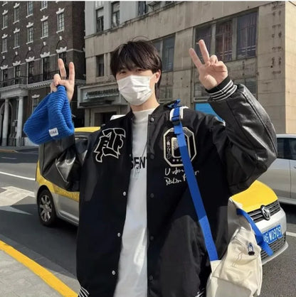 american retro mens baseball uniform street harajuku patchwork leather loose jackets color block towel embroidery trend coats unique default style 2919