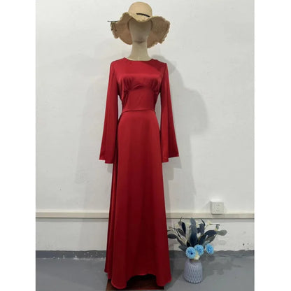 2024 Women Satin Long Dresses Sexy Lace Up Slim Evening Dresses Simple Round Neck Flare Sleeve Birthday Party Dresses For Women Street King Limited