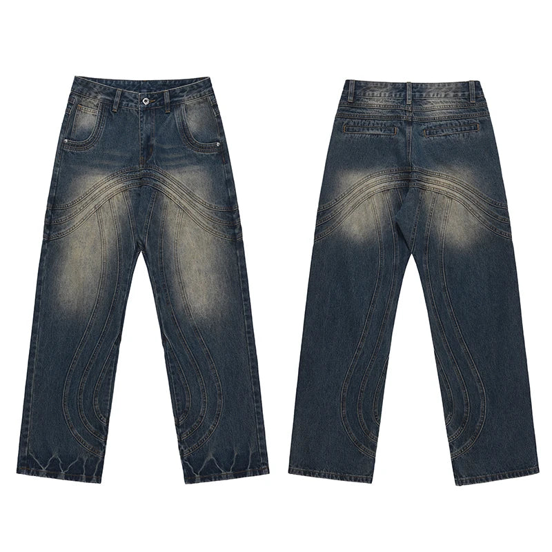 mens retro washed denim jeans loose straight pants 2023 new fashion streetwear trousers hip hop casual zipper jean pants joggers unique joggers style 1473