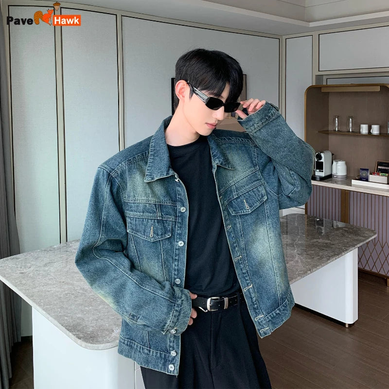 2024 trend mens denim jackets vintage washed design multiple pockets cowboy coats loose shoulder padded cardigan male spring urban skinny jeans