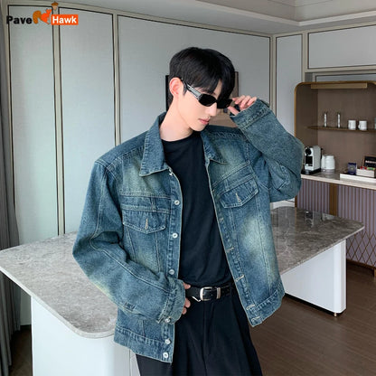 2024 trend mens denim jackets vintage washed design multiple pockets cowboy coats loose shoulder padded cardigan male spring urban skinny jeans