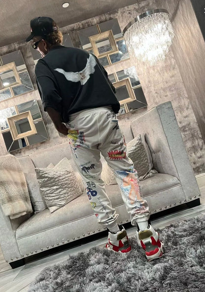24ss vintage retro graffiti washed worn cotton high street long pants leggings minimalist street pants