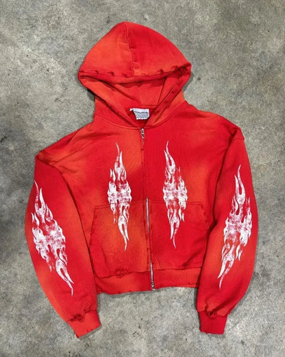European and American Gothic Fashion Flame Print Zipper Sweatshirt Women Y2k Casual Loose Personality Versatile Oversized Hoodie Street King Limited