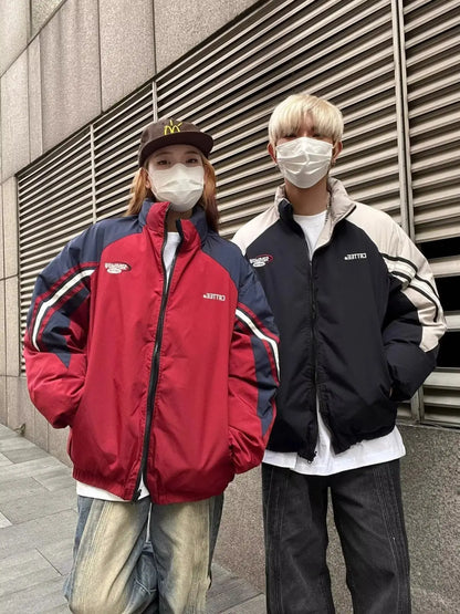 Winter Double Sided Parkas Women Men Thick Warm Patchwork Cotton Padded Coat High Street Loose College Stand Collar Outwear New Street King Limited