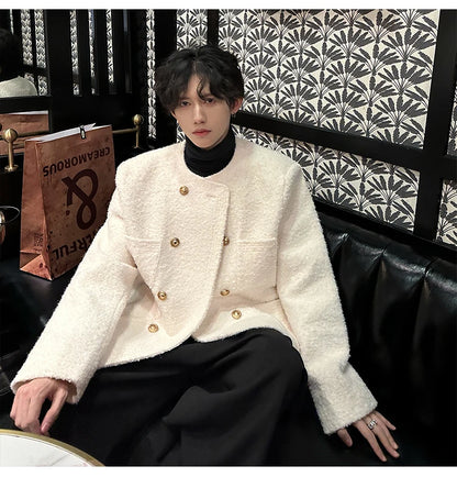 men french fashion retro double breasted woolen loose casual short jacket man autumn winter korean streetwear thicken coat top unique shorts style 1433