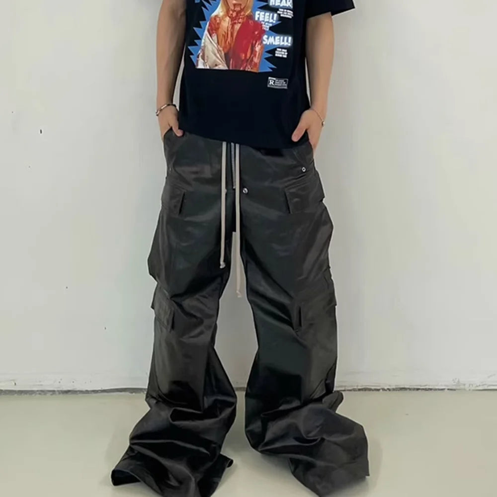ro style matte pu leather pants for men high street y2k pantalones hombre baggy overall wide leg drawstring cargo pants military streetwear pants