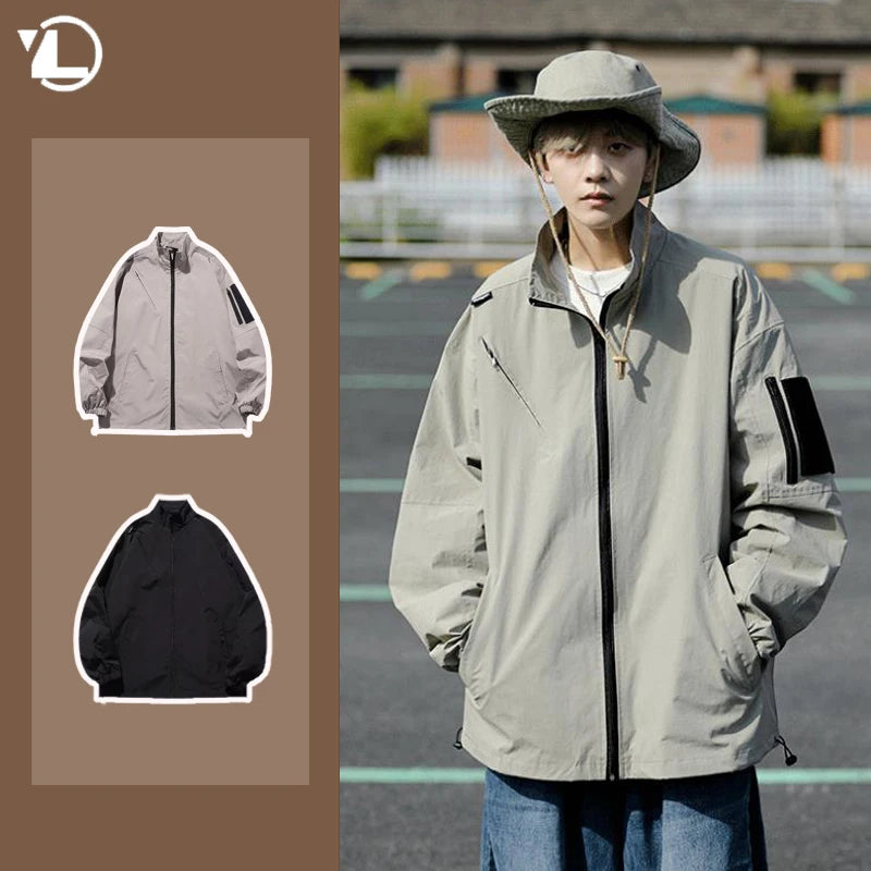 Outdoor Mens Charge Jacket Retro Loose Stand Collar Waterproof Tooling Coats Thin Color Blocked Zipper Hiking Windbreaker Street King Limited