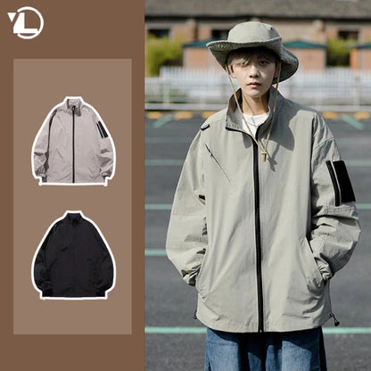 Outdoor Mens Charge Jacket Retro Loose Stand Collar Waterproof Tooling Coats Thin Color Blocked Zipper Hiking Windbreaker Street King Limited