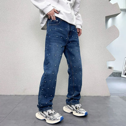 men bead streetwear fashion hip hop vibe loose casual wide leg straight denim jeans baggy pant man boyfriend jeans trousers ripped baggy denim