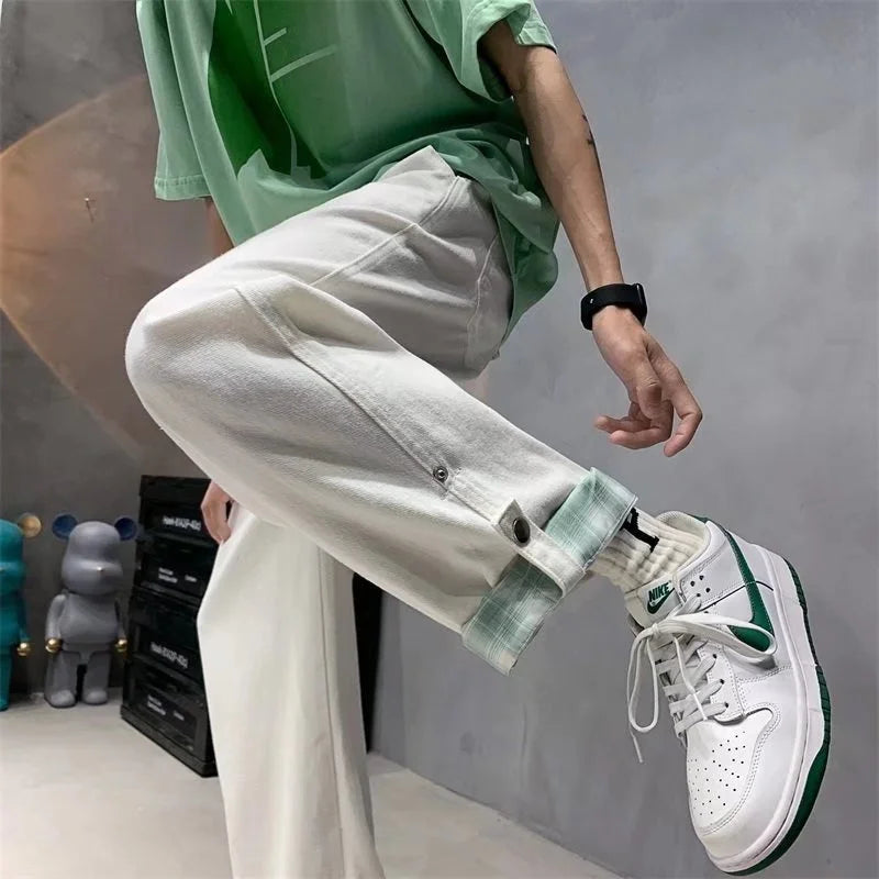 autumn plaid cuffs wide leg jeans for men high street fashion straight denim pants mujer elastic y2k baggy blue jean trousers denim street jeans