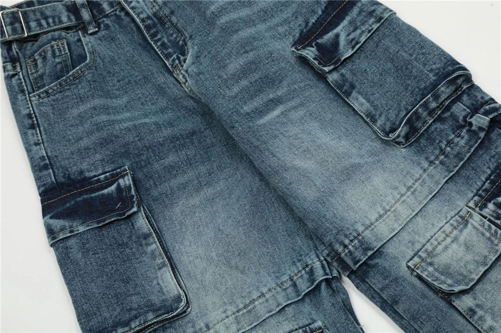 vintage multi pocket jeans mens harajuku cargo denim pants retro hip hop straight loose jean pants men clothing unique cargo style 594