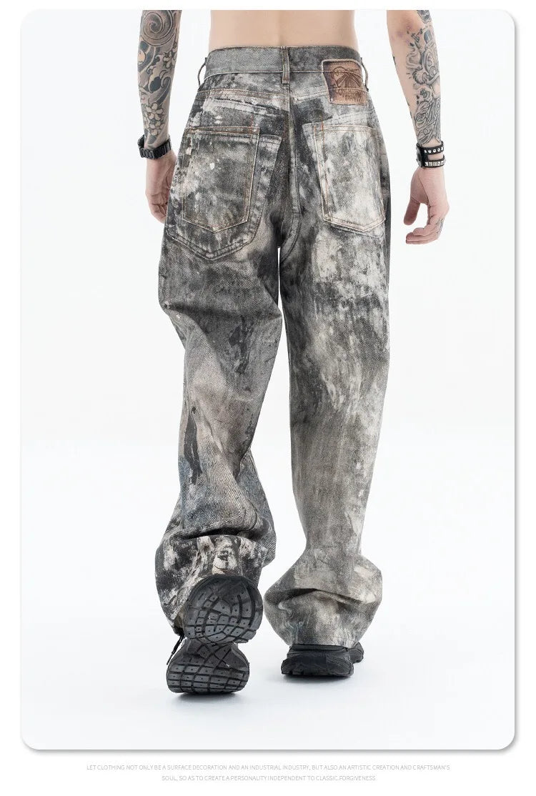 Autumn and winter 2024 new digital printed camo splash ink baggy jeans Street King Limited