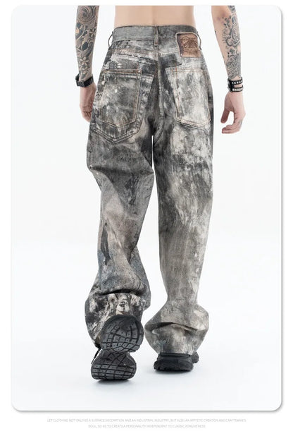 Autumn and winter 2024 new digital printed camo splash ink baggy jeans Street King Limited