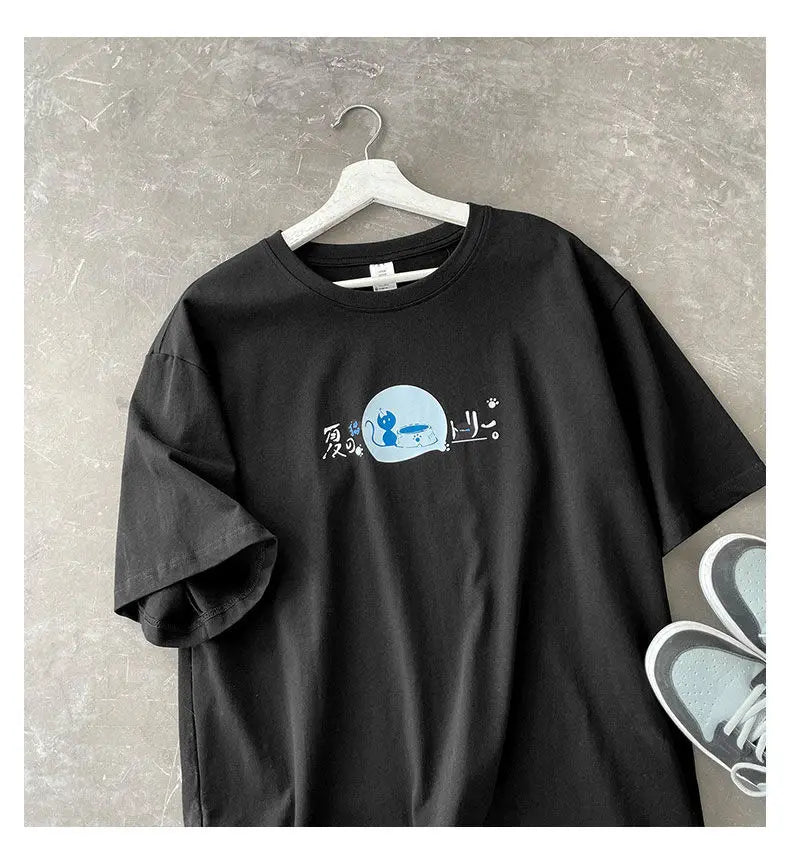 Korean style fun cat print men short-sleeved T-shirt new lazy style y2k simple casual versatile salt loose half-sleeved T-shirt Street King Limited