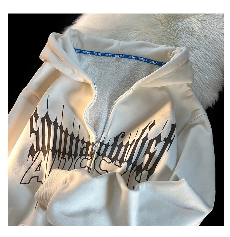Y2K Kawaii Devil Horn Tail Hip Hop Badge Print Hoodies Cardigan Couples Street Loose Casual Zip Up Sweatshirt Harajuku Clothes Street King Limited