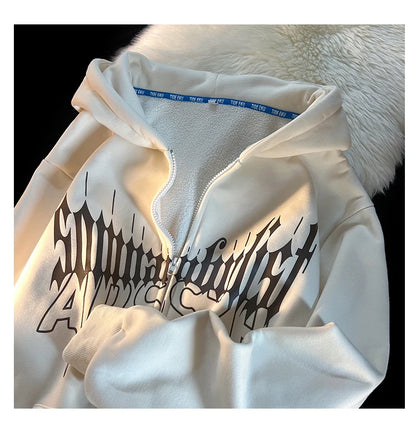 Y2K Kawaii Devil Horn Tail Hip Hop Badge Print Hoodies Cardigan Couples Street Loose Casual Zip Up Sweatshirt Harajuku Clothes Street King Limited