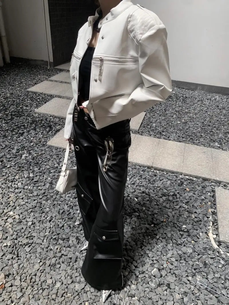 european and american heavy industry multi zipper design spider web shoulder pad leather jacket for women 2024 new jacket top unique default style 1573