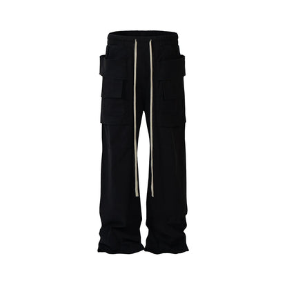 ro style double pockets drawstring wide leg cargo pants for men and women straight black baggy trousers oversized military streetwear pants