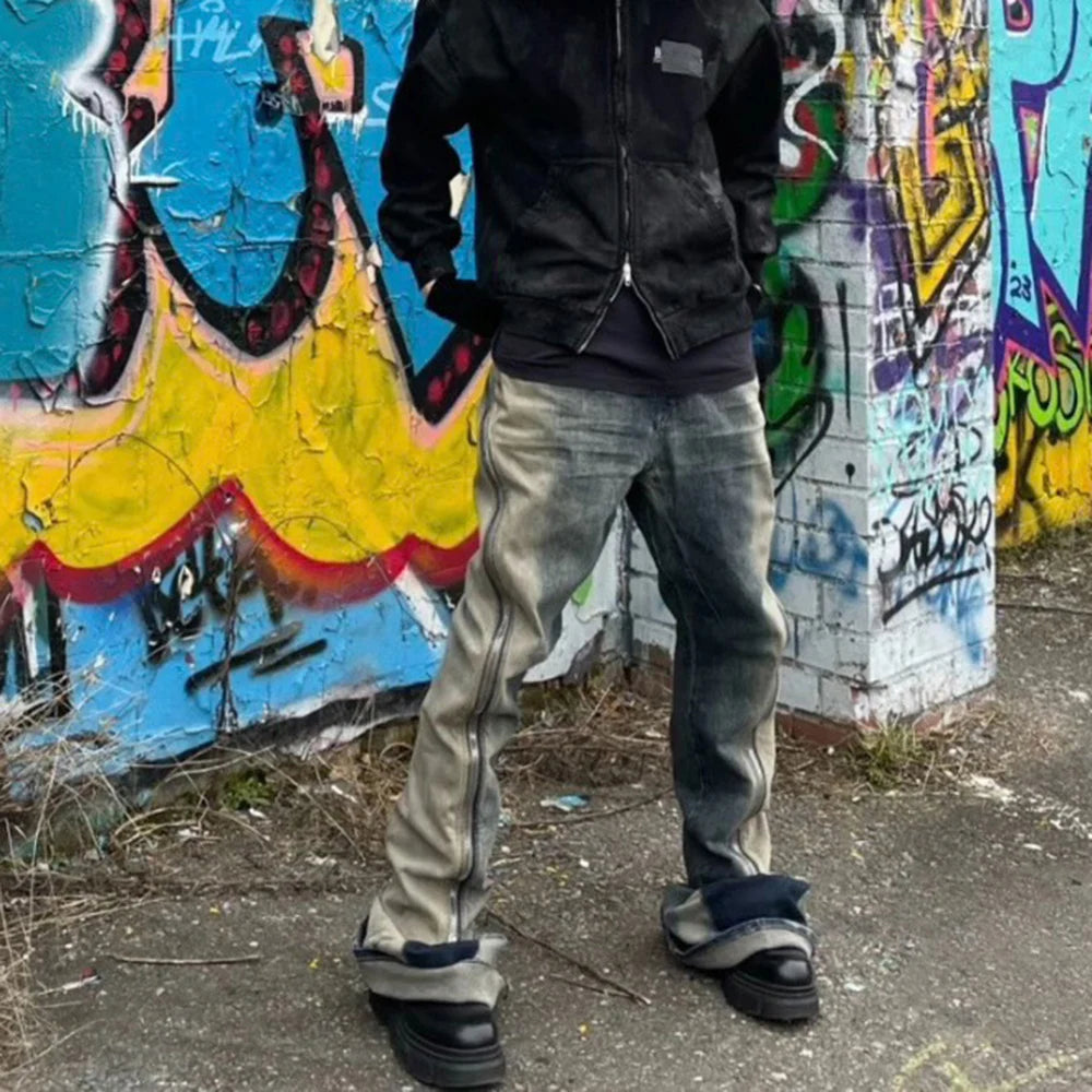 Ro Style Gradient Blue Horn Stacked Floor Dragging Jeans Unisex Streetwear Baggy Y2K Ribbons Zipper Denim Trousers Oversized Street King Limited