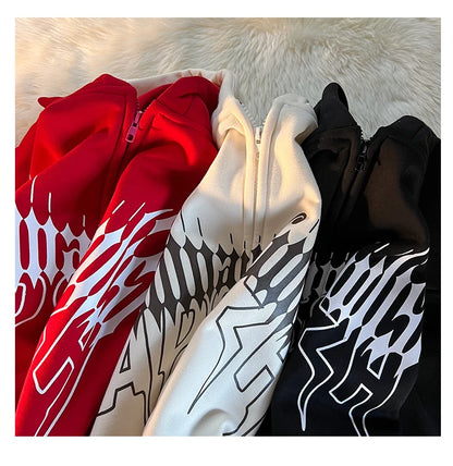Y2K Kawaii Devil Horn Tail Hip Hop Badge Print Hoodies Cardigan Couples Street Loose Casual Zip Up Sweatshirt Harajuku Clothes Street King Limited