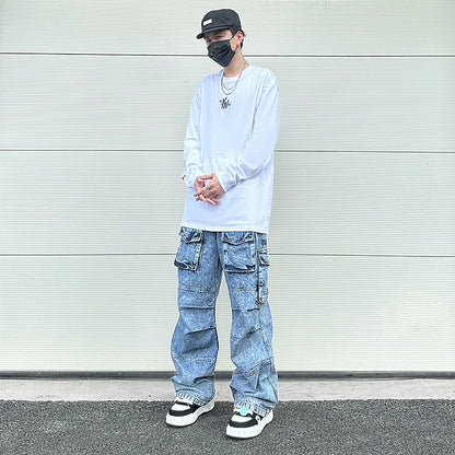 fashion loose streetwear cargo denim jeans unisex casual multi pocket wide legs jean pants hip hop joggers mens baggy jeans unique joggers style 1961
