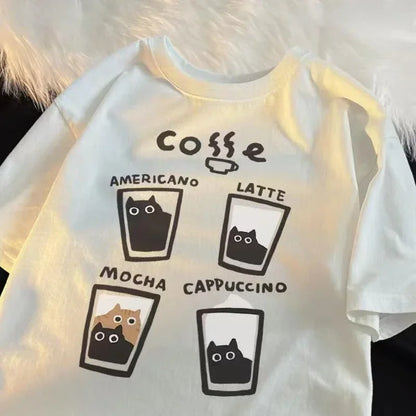 American Retro Trendy Cat Graphic T-Shirts - Casual Round Neck Summer Loose Couple Short-Sleeved Harajuku Y2K for Men and Women Street King Limited