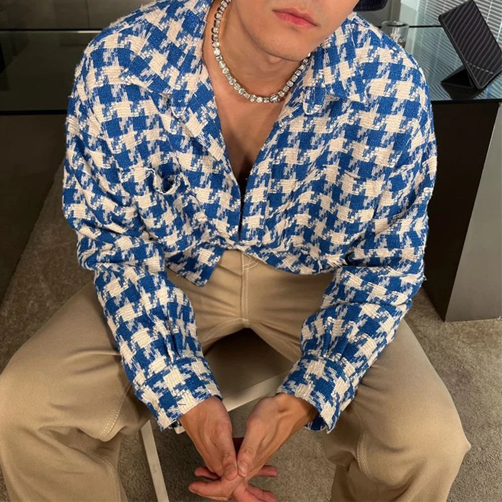 2024 Spring New Simple Versatile Fashionable Blue Houndstooth Woolen Shirt Style Genderless Casual Unisex Long-Sleeved Shirt Street King Limited