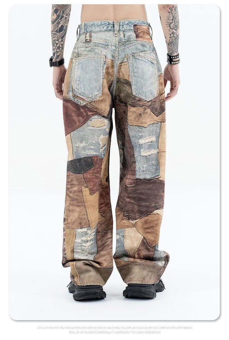 2024 autumn and winter new stitching ripped jeans Street King Limited